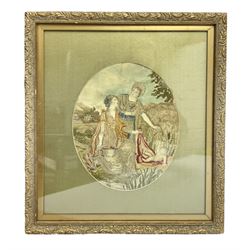 Regency silkwork in gilt frame, depicting two females in classical dress with a baby in a naturalistic landscape, H50cm