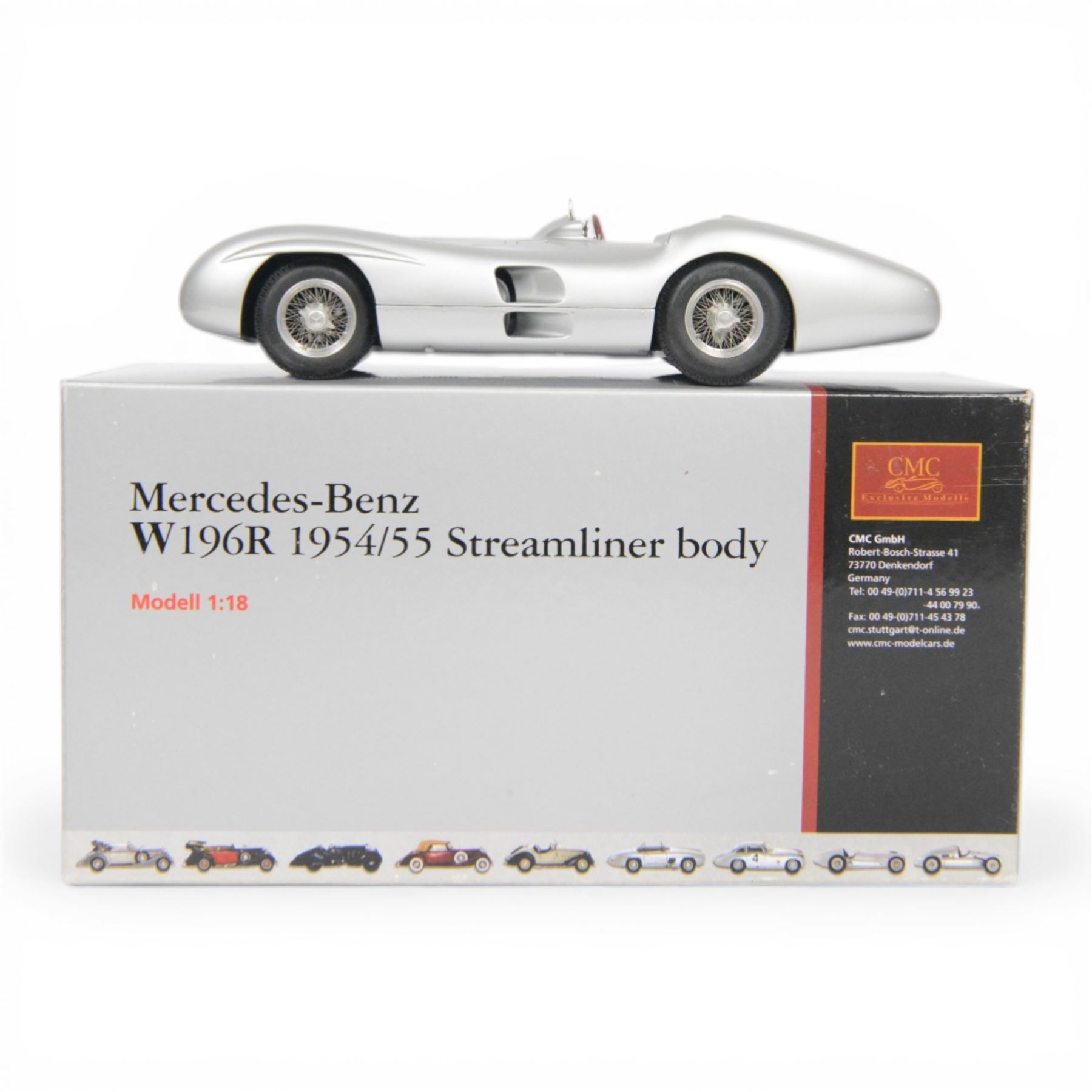 CMC 1:18 scale diecast model car no.M044 Mercedes Benz W196R 1954/55 Streamliner Body in silver, boxed
