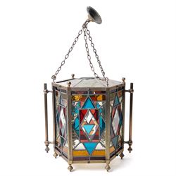 Late Victorian hexagonal brass hall lantern inset with leaded coloured glass panels H34cm