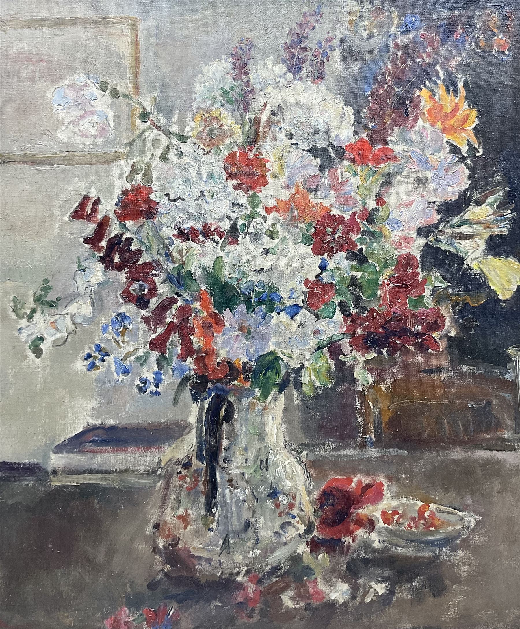 Attrib. Dame Ethel Walker DBE ARA (British 1861-1951): 'Mixed Bouquet', oil on canvas unsigned, titled verso with various exhibition labels 75cm x 62cm