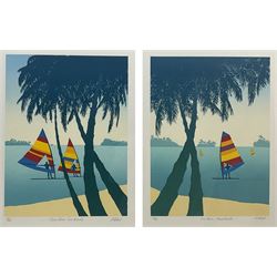 M Wood (20th century): 'Three Palms - Two Boards' and 'Two Palms - Three Boards', pair limited edition screenprints signed titled and numbered 40/45 and 30/40, respectively, 41cm x 31cm with full margins (2)