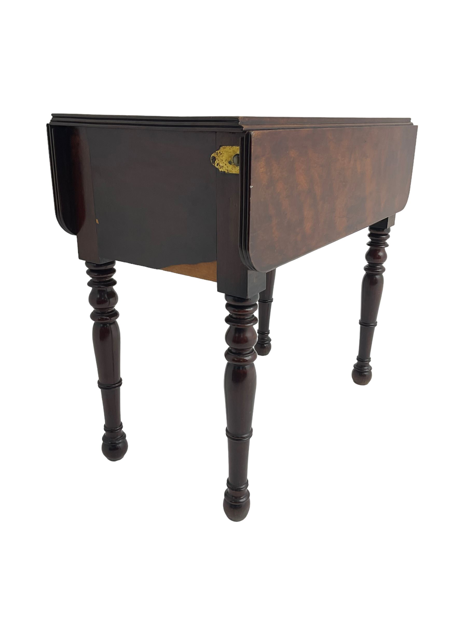 19th century walnut drop leaf side table, rectangular top with reeded edge, fitted with secret compartment with button action, leaf functions as hinged door enclosing cupboard, raised on turned supports