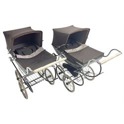 Pair of 1980s Silver Cross brown coach built dolls prams; each with folding canopy and apron, tubular framework with suspension, spoked wheels with brake and luggage rack and separate matching shopping bag L93cm