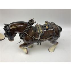 Four Melba Ware Shire horse figures and another similar, and three wood carts