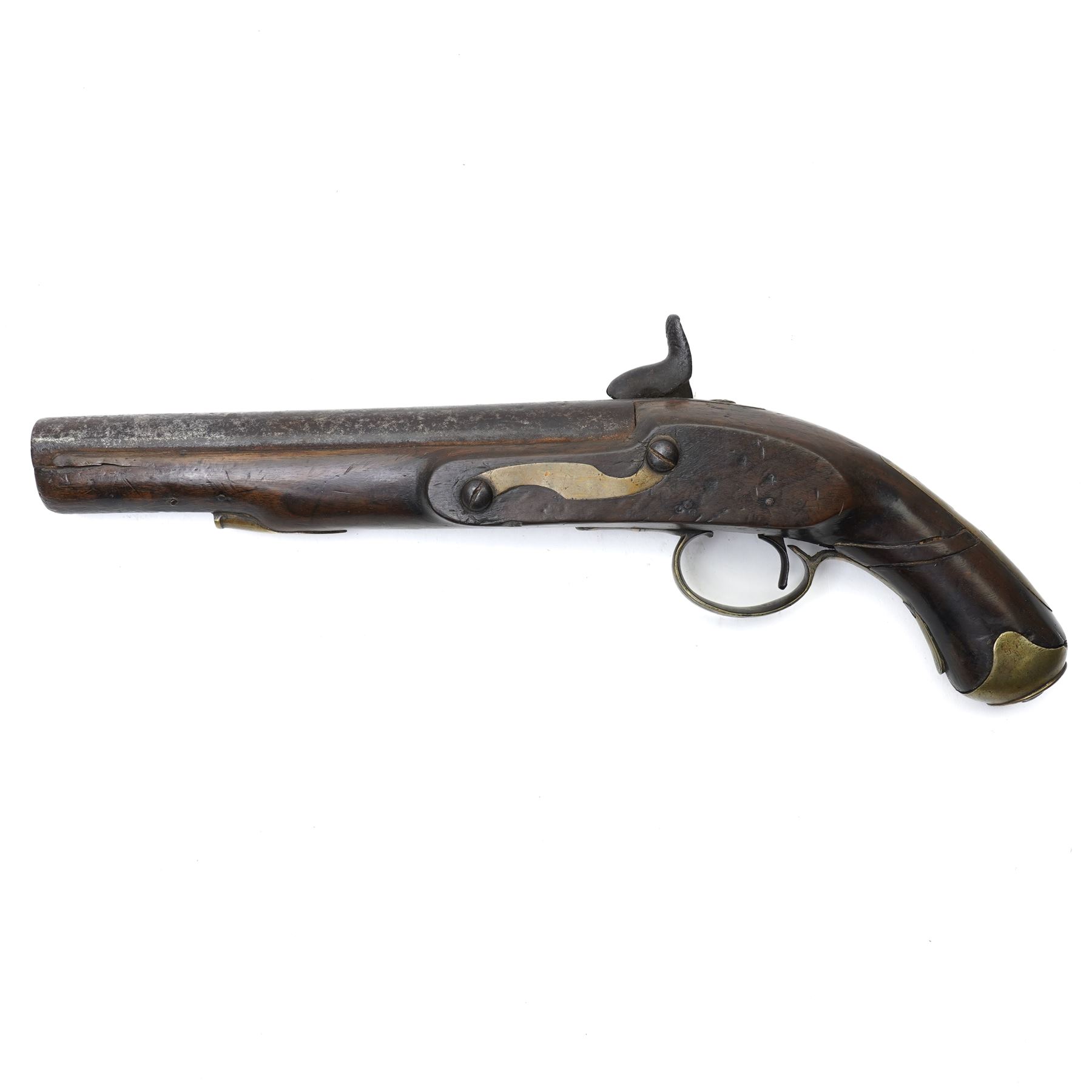 Victorian regulation issue percussion pistol with plain lock and brass mounted stock, overall length 40cm