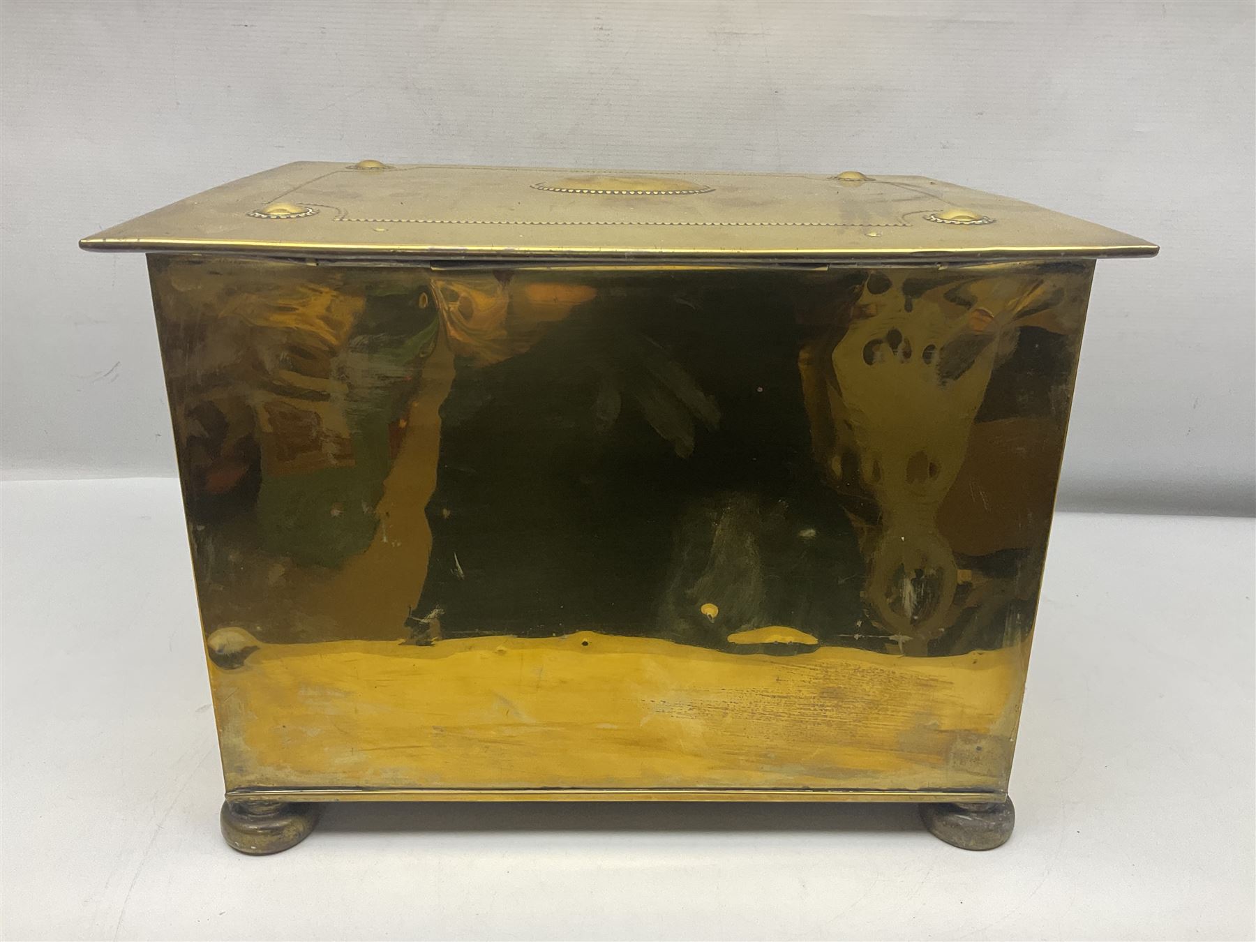 Brass rectangular coal box with handles and hinged lid