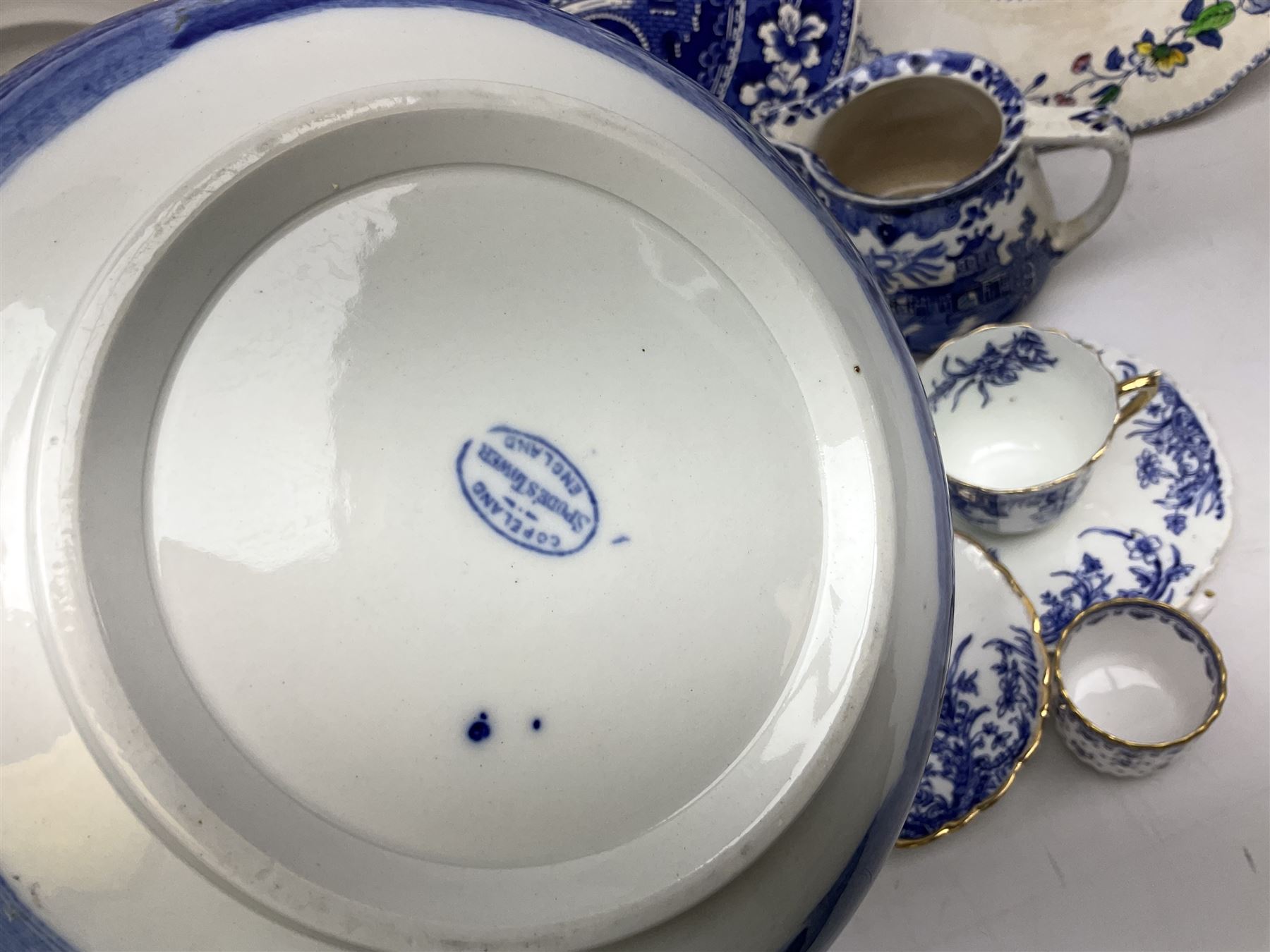 Spode Italian pattern bowl, with blue print beneath, together with a Spode Blue Tower pattern cake plate, and  other blue and white wares to include Wedgwood, Burleighware etc