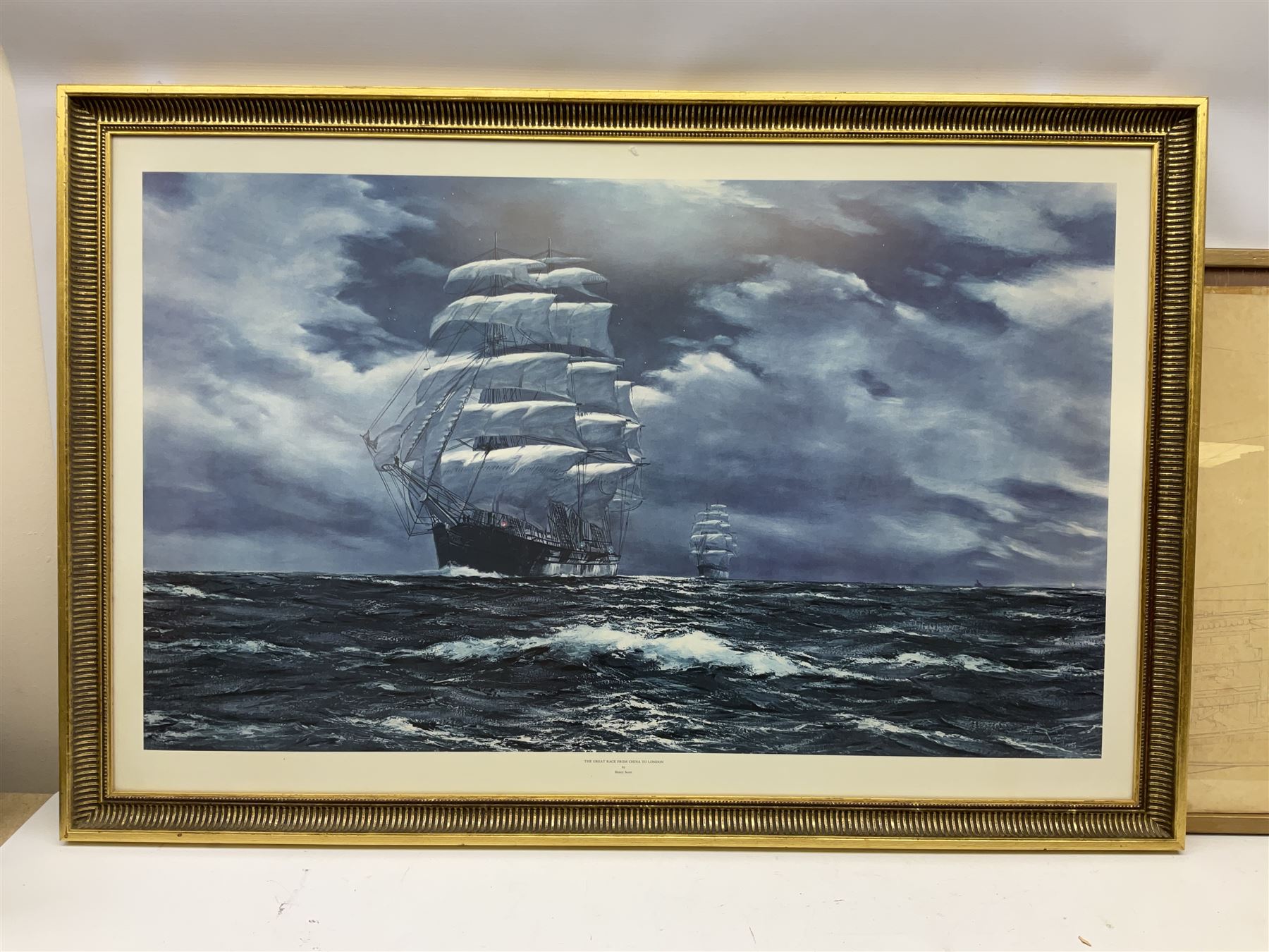 After Henry Scott: 'The Great Race from China to London' colour print together with large print diagram of a trawler, two other marine prints and a print of a WWII Halifax unit max 68cm x 108cm (5)