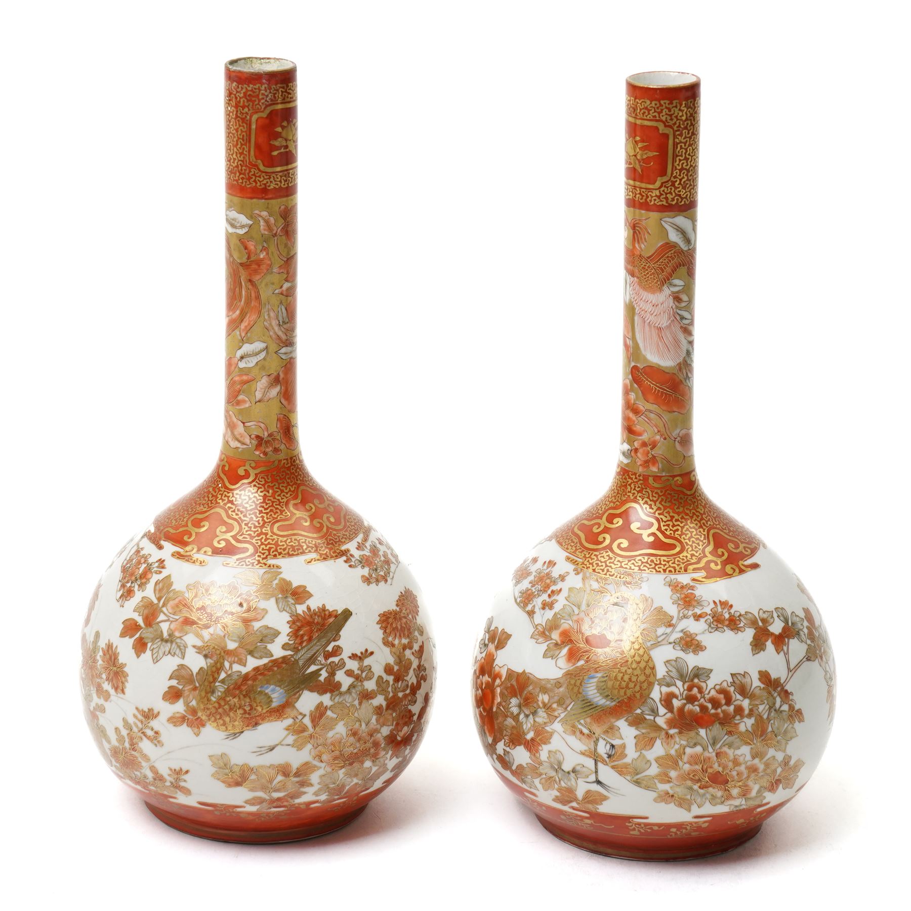 Collection of 19th century Japanese Kutani wares, including two pairs of vases, a twin handled vase painted with elder figures, and one other vase with imitation bamboo feet, painted with birds, largest H23cm (6)