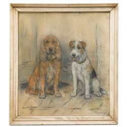 Marion Rodger Hamilton Harvey (Scottish 1886-1971): 'Spaniel and Fox Terrier', pastel and charcoal signed, titled on label verso 43cm x 38cm