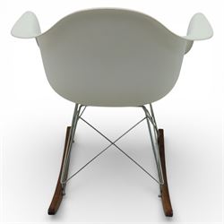 Modernica Los Angeles - RAR rocking chair, moulded white fibreglass shell with integrated arms, raised on chrome wire supports with shaped stained wooden rocking runners
