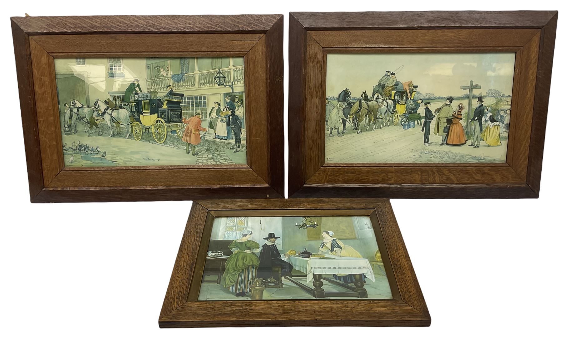 Pair of oak framed Albert Ludovici Stage Coach Prints, Charles Dickens Series, together with oak framed print between the fires