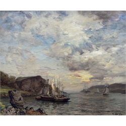 James Campbell Noble RSA (Scottish 1846-1913): Shipping at Sunset, oil on canvas signed 50cm x 60cm