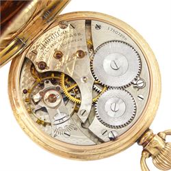 Early 20th century 9ct gold open face, keyless lever presentation pocket watch by American Watch Company, Waltham, No. 17507298, white enamel dial with Arabic hour markers and subsidiary seconds dial, case by Dennison, Birmingham