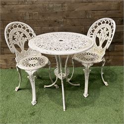 Cast aluminium circular garden table and two chairs - THIS LOT IS TO BE COLLECTED BY APPOINTMENT FROM DUGGLEBY STORAGE, GREAT HILL, EASTFIELD, SCARBOROUGH, YO11 3TX