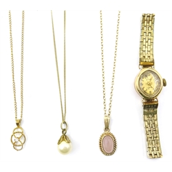 Three 9ct gold pendant necklaces 7.2gm gross and a hallmarked 9ct gold Accurist wristwatch on plated bracelet
