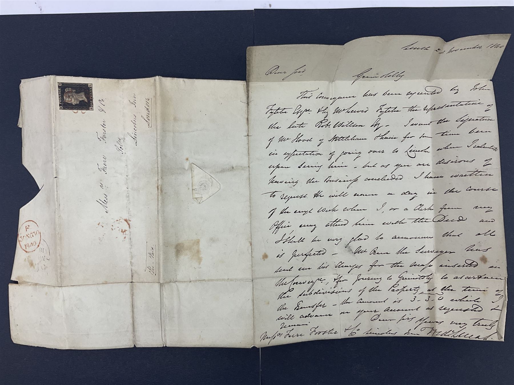 Great Britain Queen Victoria penny black stamp on cover, tied to cover or entire, with red MX cancel
