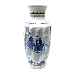  Chinese blue and white vase, painted with a dignitary, his companion and attendants, six character Kangxi mark in underglaze blue, H40.5cm   