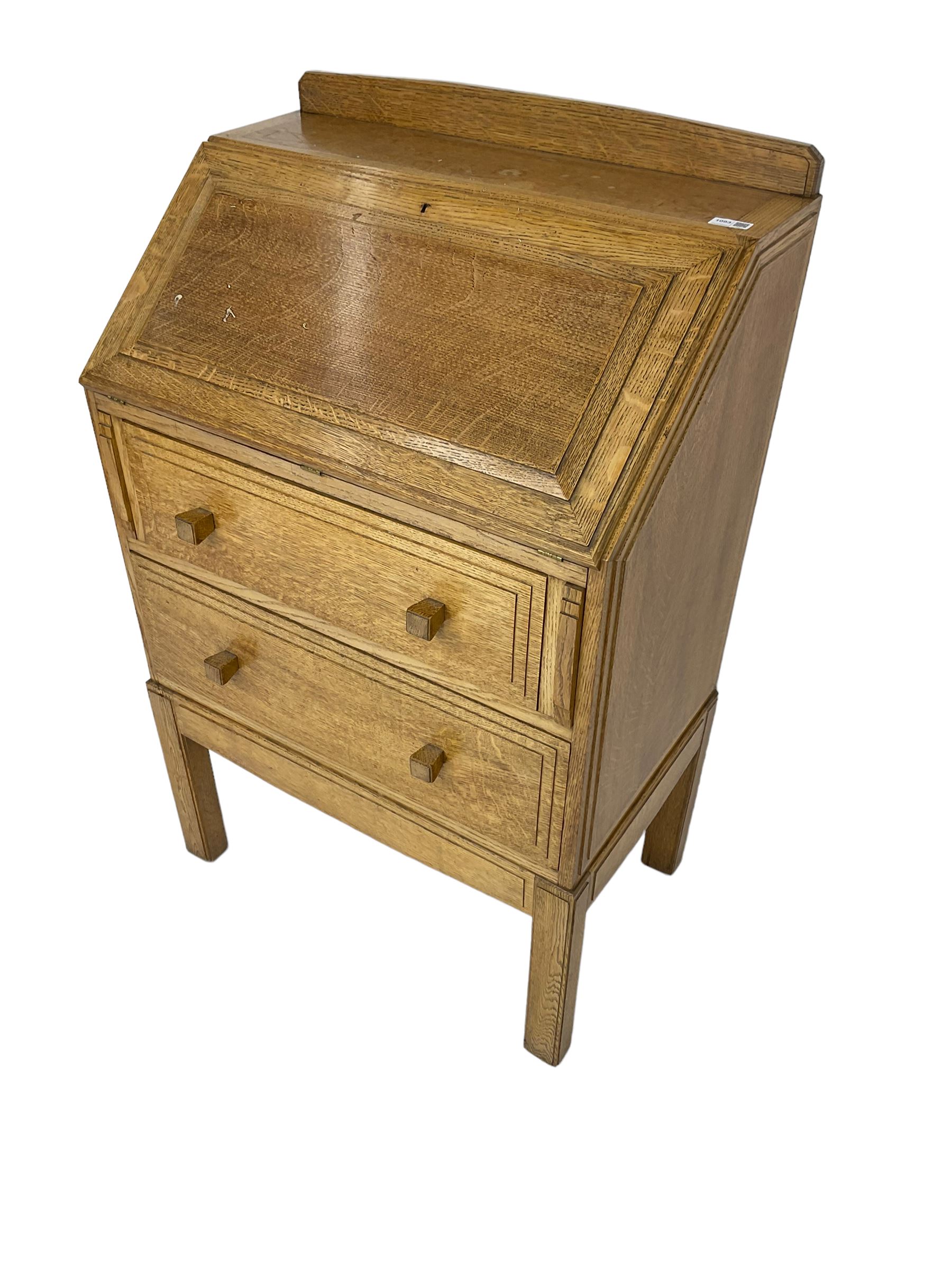 1930's Art Deco period oak bureau, fitted fall front and two drawers