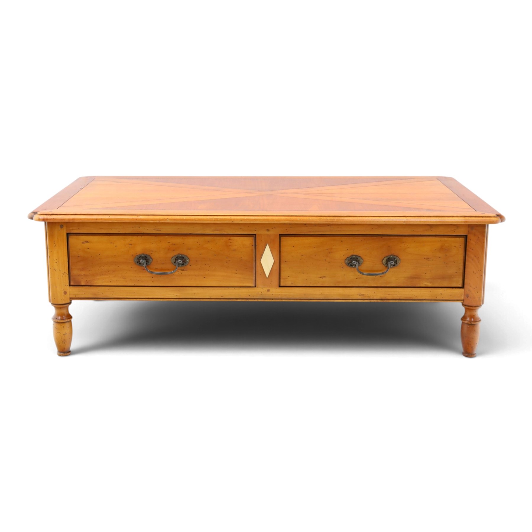 Wesley Barrell - French cherry wood coffee table, rectangular top inlaid with a geometric cross design, stone inlay with two frieze through drawers and metal drop handles, on short turned supports