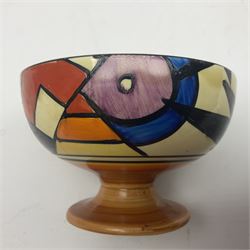 Clarice Cliff for Newport Pottery ceramics, comprising bowl, in Pine Grove pattern,  and a Bizarre sugar bowl and grape fruit bowl, both decorated in abstract patterns, all with printed mark beneath, Pine Grove bowl D14cm