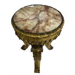 19th century French giltwood and gesso lamp table, circular inset marble top with foliate carved rim, tripod base with shell and acanthus carved supports terminating in scroll feet