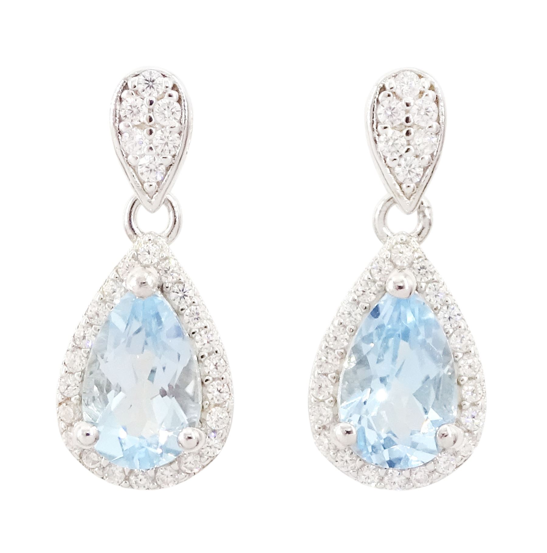 Pair of silver blue topaz and cubic zirconia pendant stud earrings, stamped 925
