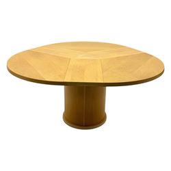 Skovby - 'SM32' late 20th century beech circular extending dining table circular segmented top turning to activate a patented spring loaded triple leaf extension stored within the cylindrical column base (Extended diameter 146cm); and set of four chairs (Width 47cm, Depth 56cm, Height 95cm, Seat height 47cm)