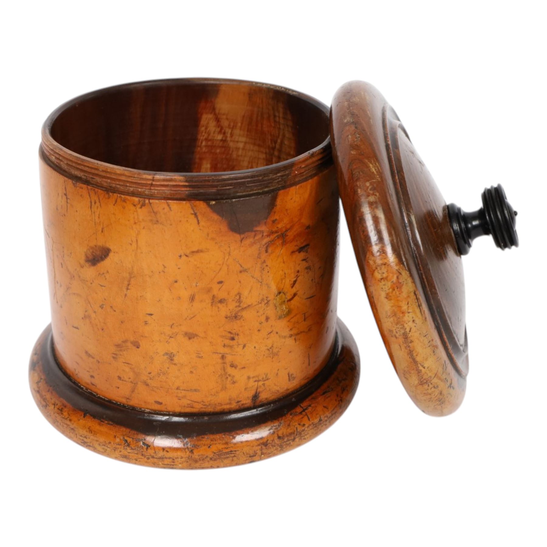 19th Century lignum vitae string box, the screw fitting cover with ebonised finial, H20cm