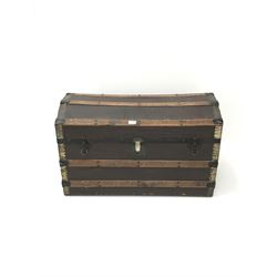 Vintage metal and timber bound trunk, single hinge lid with stay, two hinge carrying handles 