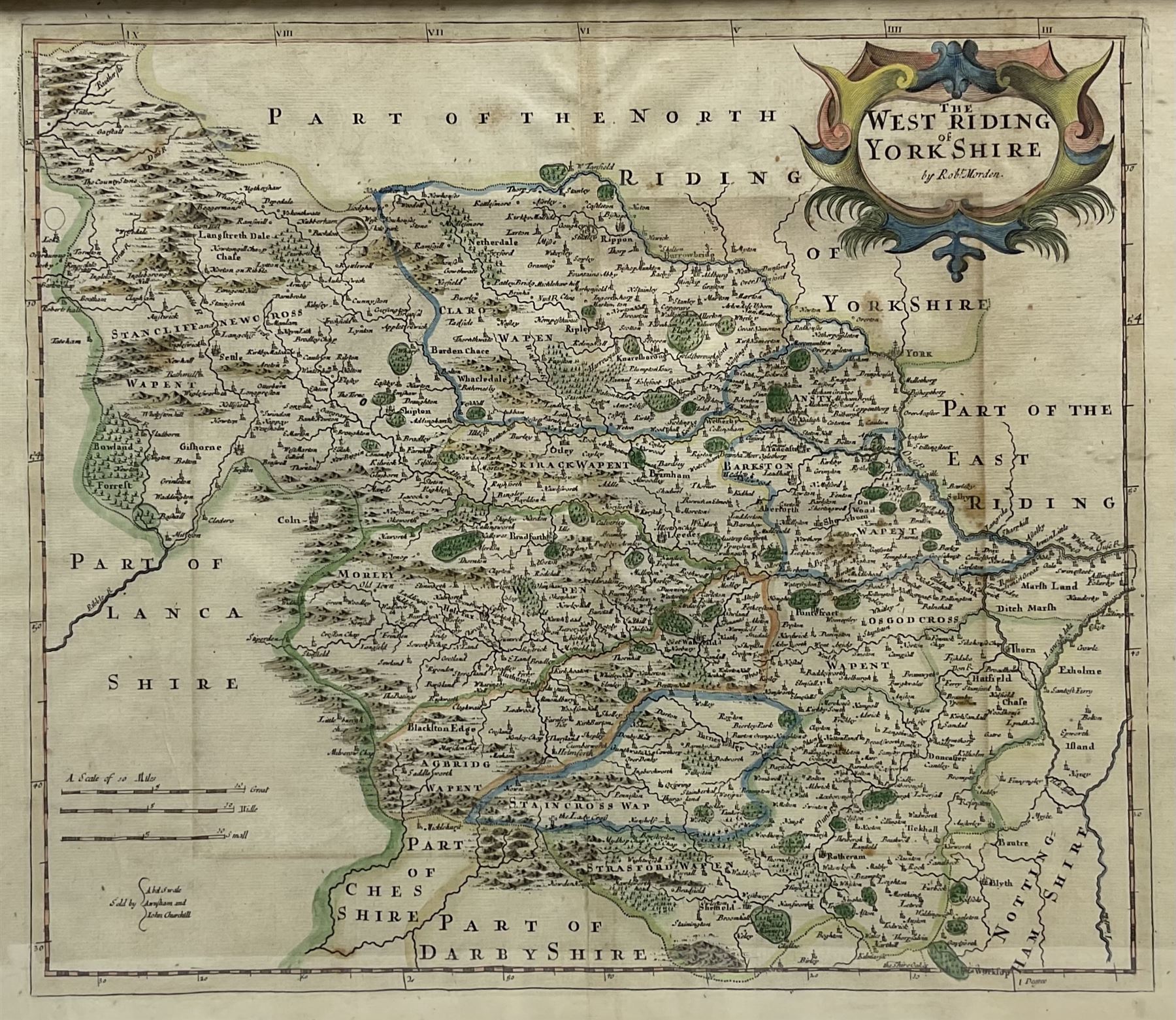 Robert Morden (British 1650-1703): 'The West Riding of Yorkshire',  17th century engraved map with hand-colouring 36cm x 41cm