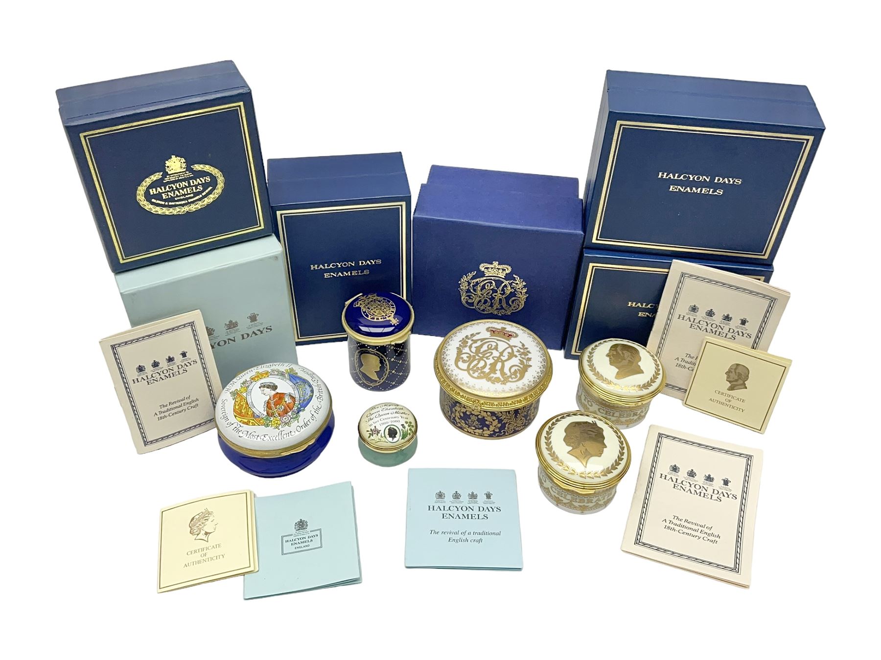 Five Halcyon Days Royal commemorative enamel boxes and one other