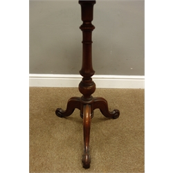  Victorian walnut wine table, circular dished top, on turned column with three scrolled splayed legs, D57cm, H73cm  