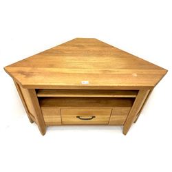 Light oak corner television stand, single shelf above drawer, stile supports 