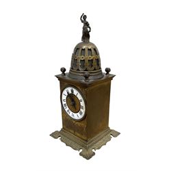 Tiffany- early 20th century brass cased 8-day mantle clock, rectangular case with engraved images taken from classical & mythological fables, with an open strapwork dome, finials to the corners and a cast figure of a standing maiden, case raised on a splayed base with acanthus engraving, enamel dial with Roman numerals, minute markers and steel hands, dial centre engraved Tiffany & Co Paris, twin train French movement with a platform escapement wound from the rear, baseplate of case stamped with the serial numbers 4372 & 5652. With key. 
Provenance from Chatsworth House, Derbyshire.