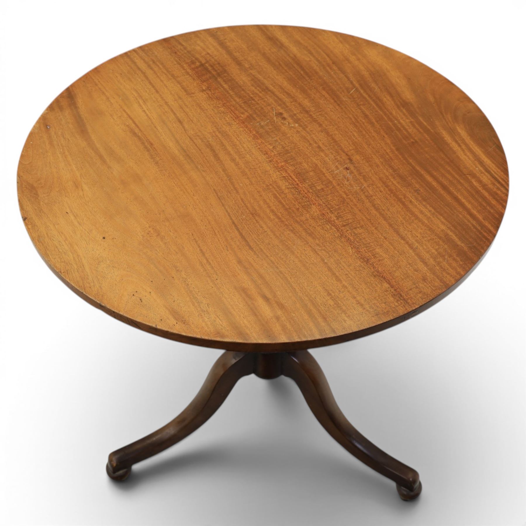Two 19th century mahogany tripod tables, faded circular tilt-top, turned column  