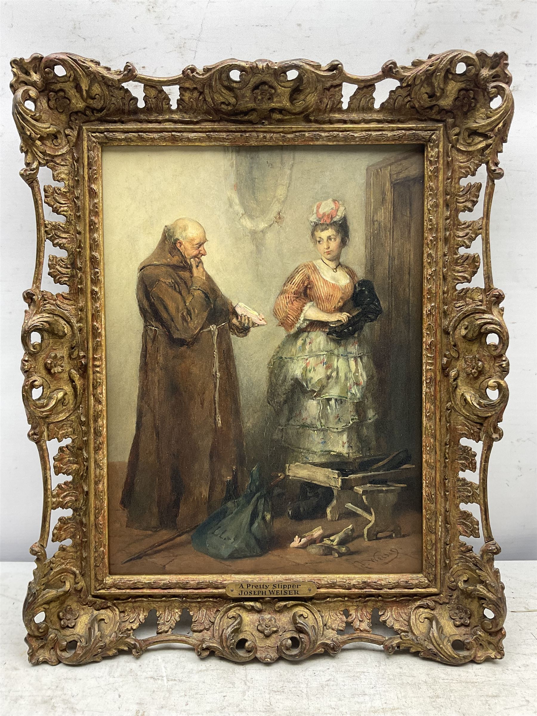 Joseph Emanuel Weiser (German 1847-1911): 'A Pretty Slipper' and 'A Pinch of Snuffe', pair oils on panel signed, titled on plaques 30cm x 23cm (2) 
Provenance: with M Newman Fine Art, London and J & W Vokins, London, labels verso