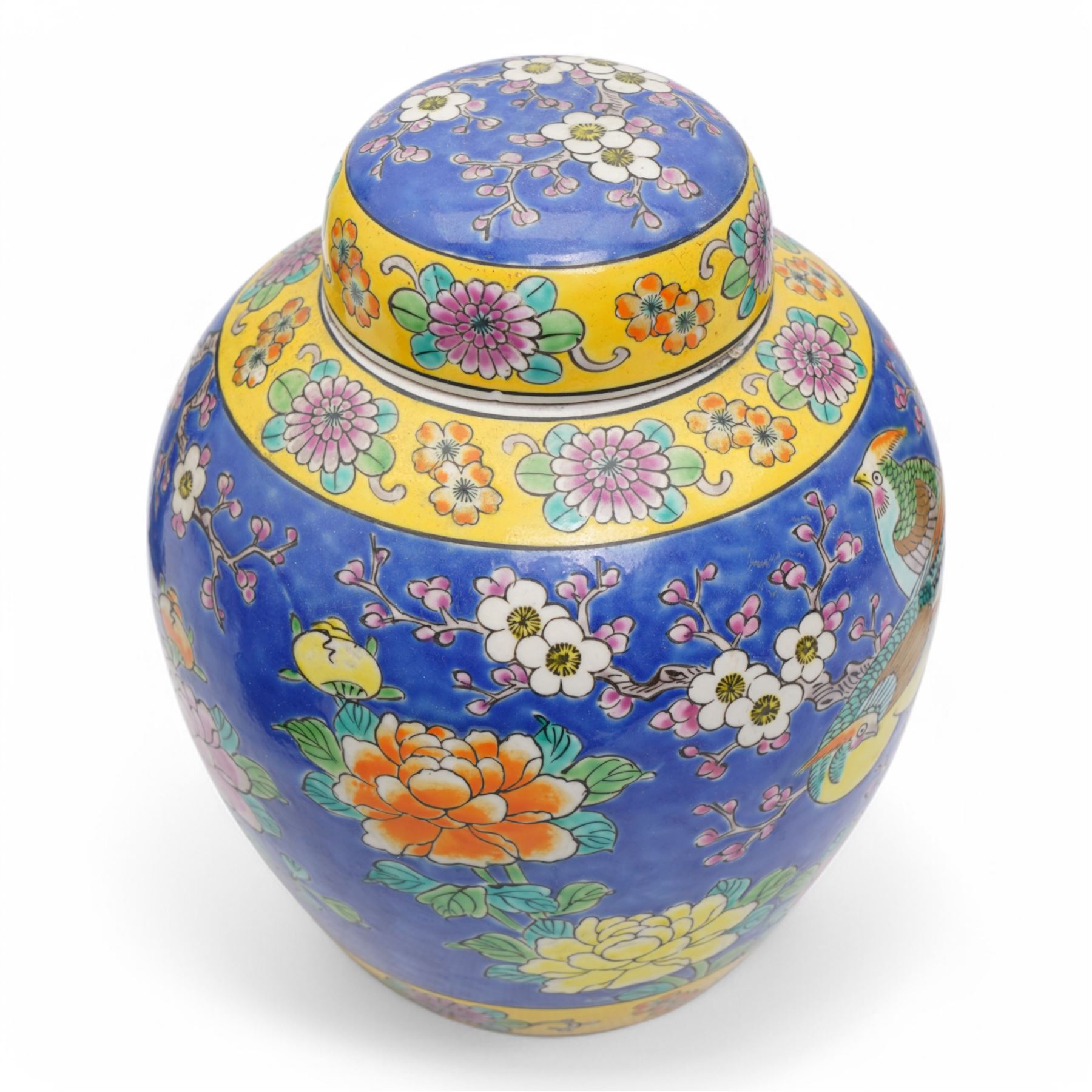 20th century Japanese jar and cover decorated with birds and flowers on a blue ground H24cm, pair of floral decorated cloisonne vases H32cm and a cloisonne pot pourri with pierced cover 