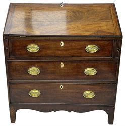 George III mahogany bureau, fall front enclosing fitted interior, three long cock-beaded drawers, on shaped apron with bracket feet 

This item has been registered for sale under Section 10 of the APHA Ivory Act