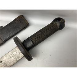 Chinese Boxer Rebellion Period Sword, 69.5cm heavy curved single edge blade with single narrow fuller, plain iron dished circular guard, iron pommel and ferrule with plaited cord bound grip; in skin covered wooden scabbard with iron chape and long suspension mount L95cm overall