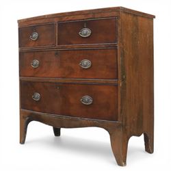 19th century small bow fronted mahogany chest, fitted with two short and two long drawers, raised on shaped bracket feet