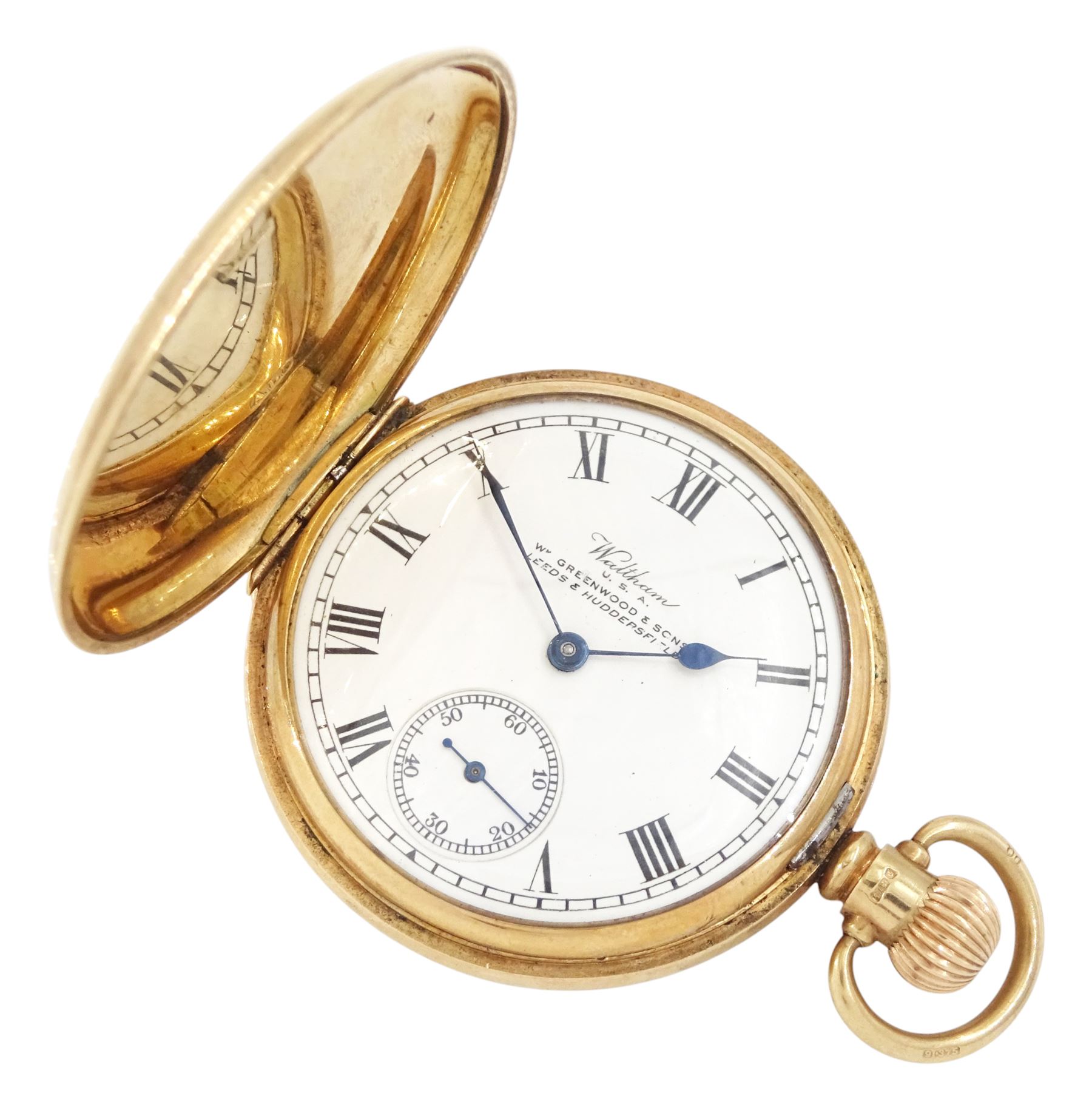 Early 20th century 9ct rose gold full hunter P.S. Bartlett keyless lever presentation pocket watch by American Watch Company, Massachusetts, No. 24920167, white enamel dial with Roman numeral hour markers and subsidiary seconds dial, retailed by W. Greenwood & Sons Leeds & Huddersfield, front case engraved with initials CHL by Dennison, Birmingham 1928, with original receipt