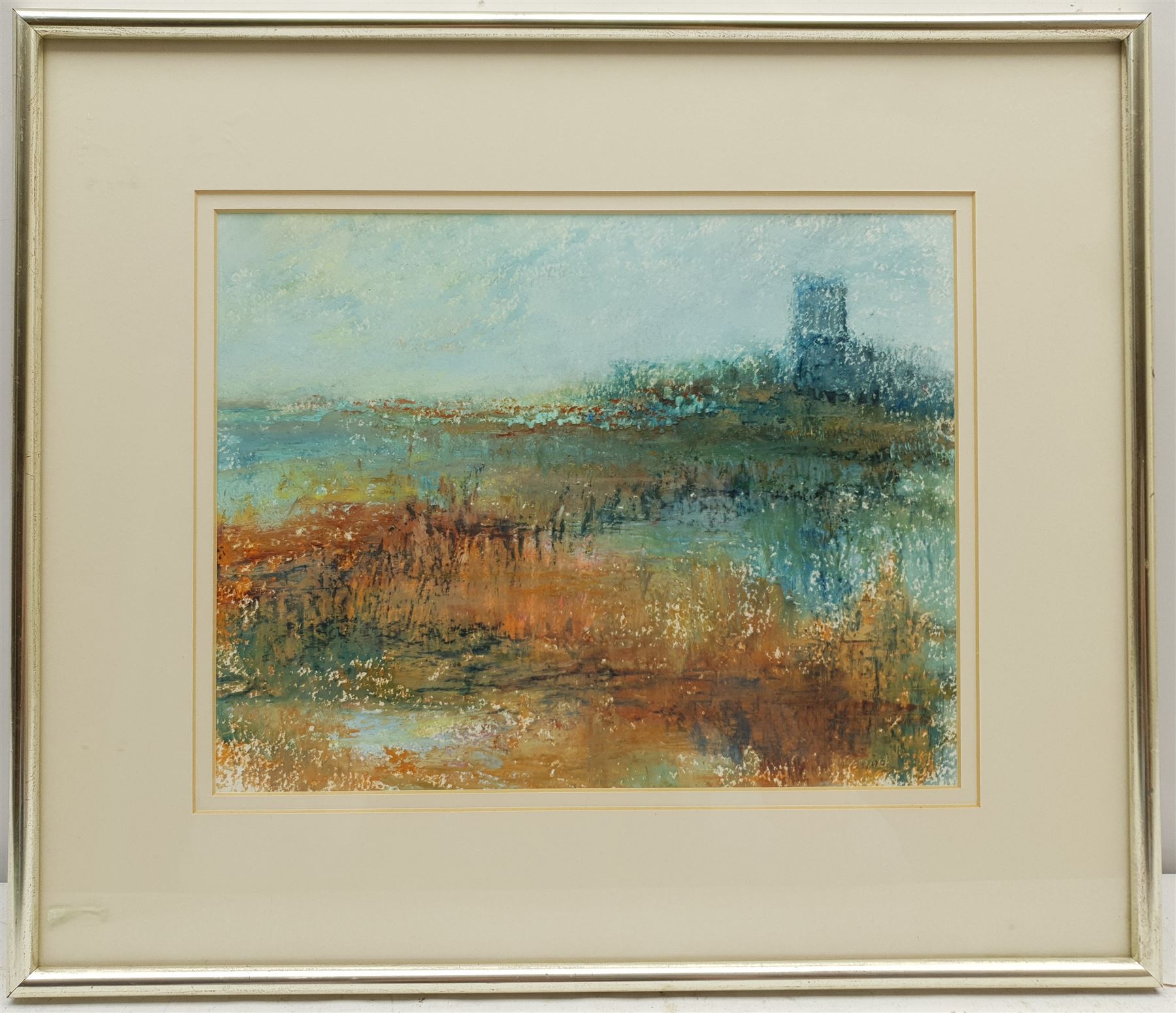 Madeleine Eyland (Belgian/British 1930-2021): 'Marshland', pastel signed, titled verso 23cm x 30cm 
Provenance: artist's studio collection. Marie-Madeleine Eyland (neé Legrain) was born in 1930 at Floriffoux, Belgium; she lived most of her life in Scarborough working as a nurse and an artist.