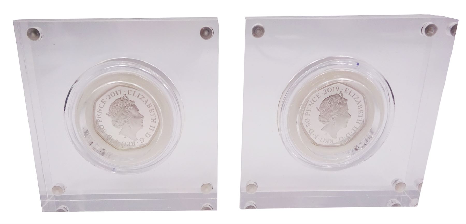 Two The Royal Mint United Kingdom Beatrix Potter silver proof fifty pence coins, 'Mr Jeremy Fisher' and 'Peter Rabbit', both cased with certificates