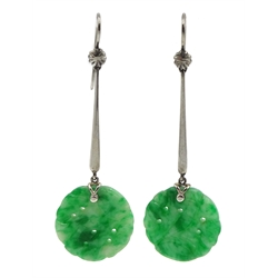 Pair of white gold carved jade pendant earrings, stamped 18ct
