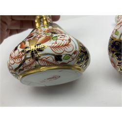 Pair of Royal Crown Derby 6299 imari pattern miniature vases, together with a miniature pitcher and dish in 2451 imari pattern, all with printed marks beneath, vase H12cm 