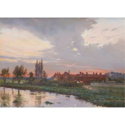 Charles Ernest Butler (British 1864-1918): River and Farmstead at Sunset, oil on board signed and dated '04, 22cm x 30cm