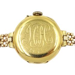 Early 20th century 18ct gold manual wind wristwatch, the back case engraved J C H 29.5.12, Glasgow import marks 1911, on later 9ct gold strap hallmarked