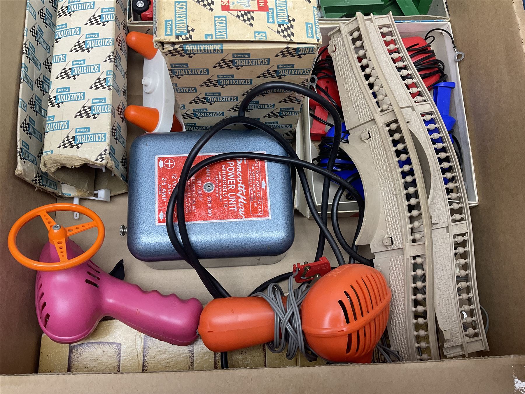 Tri-ang Scalextric - seven cars including pair of Jaguar D Types, pair of Austin Minis, Porsche and BRM racing cars etc; six various controllers and power unit, fencing, banking and bridge pillars, boxed kiosk, quantity of track and paperwork