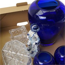 Three blue glass vases, six brandy balloons, Colibri table lighter, glass biscuit box and other items in two boxes